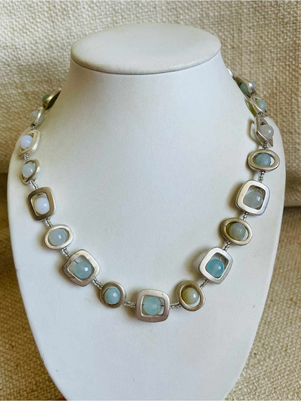 Artisan Faceted Amazonite Multi-Stone Blue Silver Necklace 16" L